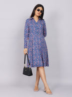 Women’s Navy Printed Fit & Flare Collared Dress