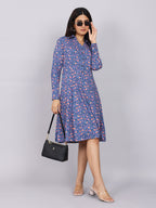 Women’s Navy Printed Fit & Flare Collared Dress
