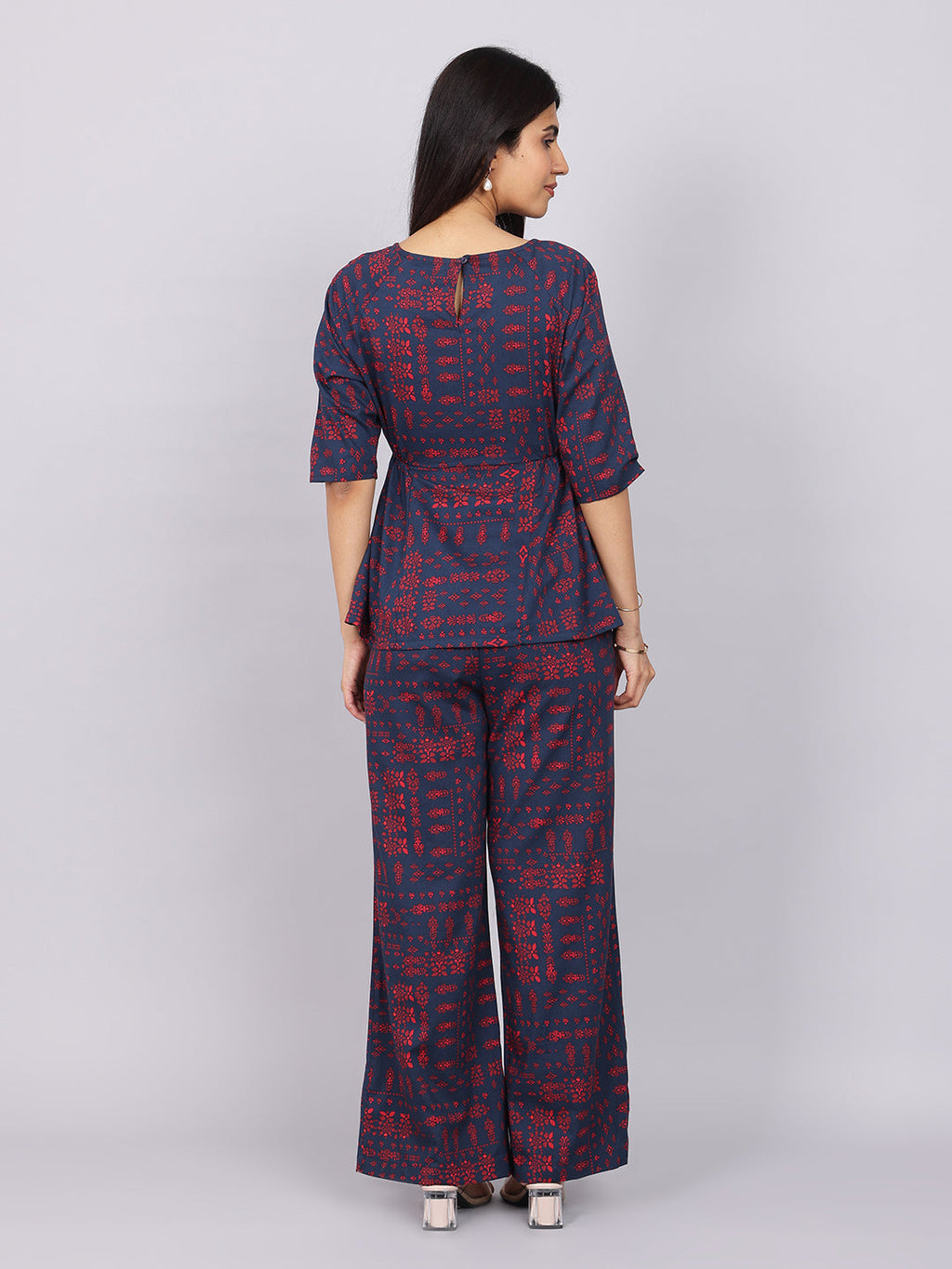 Women’s Navy Red Printed Relaxed Fit Boat Neck Co-ord Set