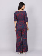 Women’s Navy Red Printed Relaxed Fit Boat Neck Co-ord Set
