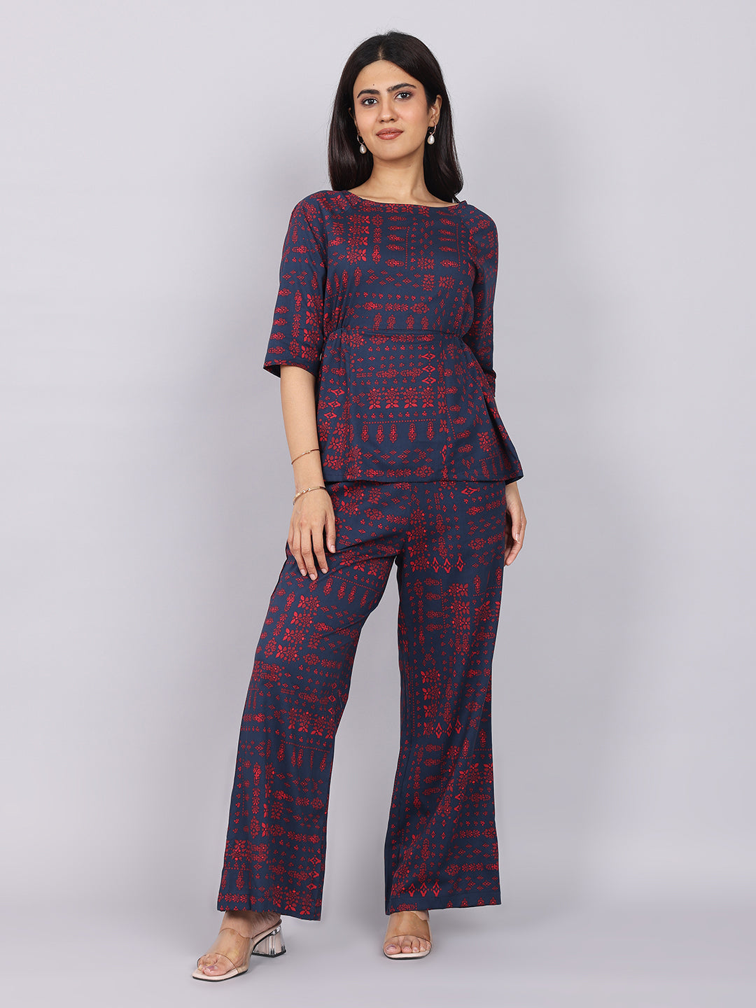 Women’s Navy Red Printed Relaxed Fit Boat Neck Co-ord Set