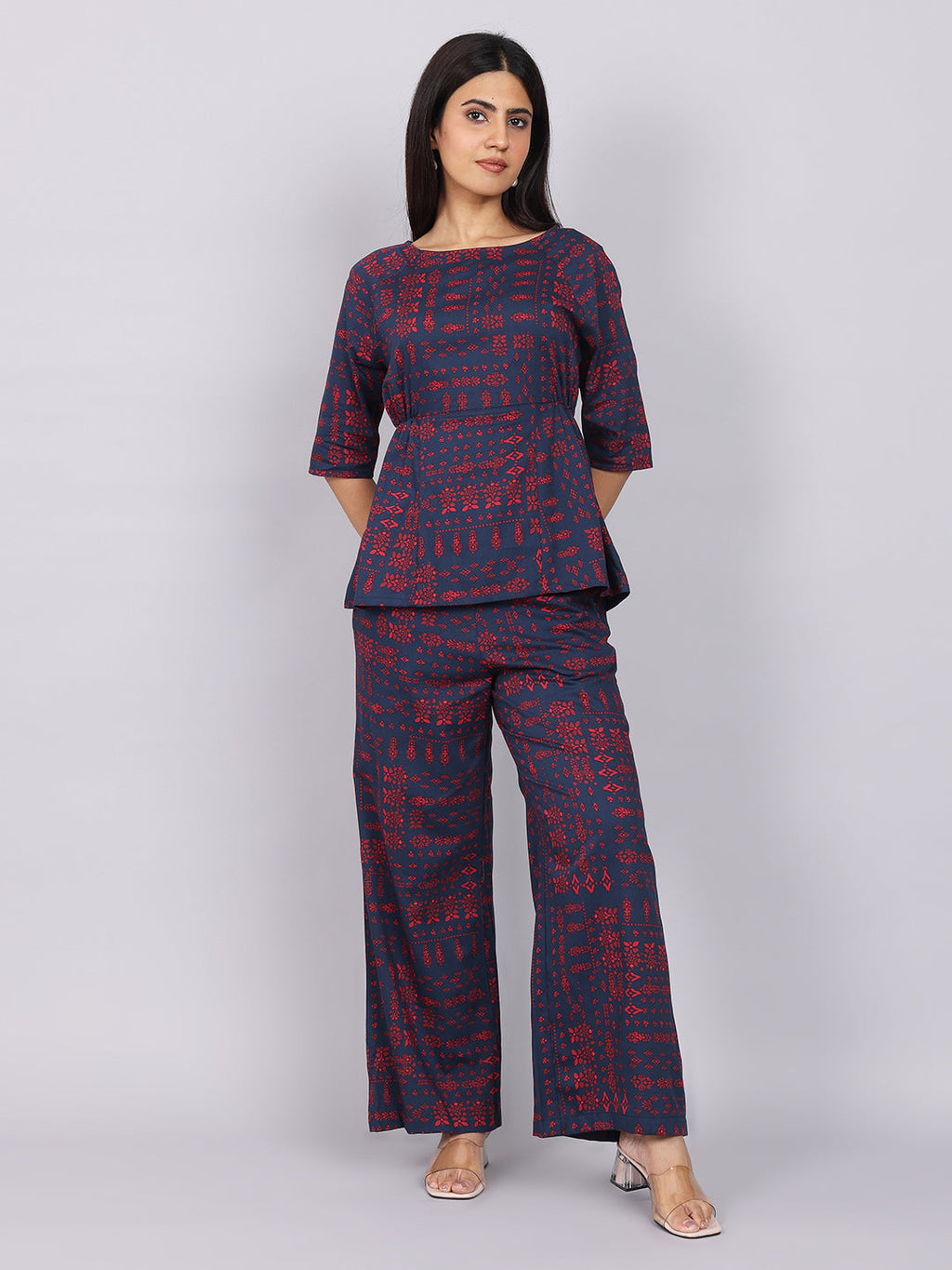 Women’s Navy Red Printed Relaxed Fit Boat Neck Co-ord Set
