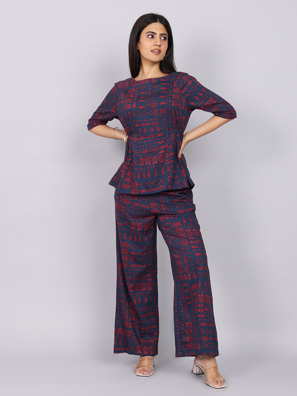 Women’s Navy Red Printed Relaxed Fit Boat Neck Co-ord Set