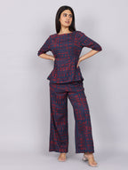 Women’s Navy Red Printed Relaxed Fit Boat Neck Co-ord Set