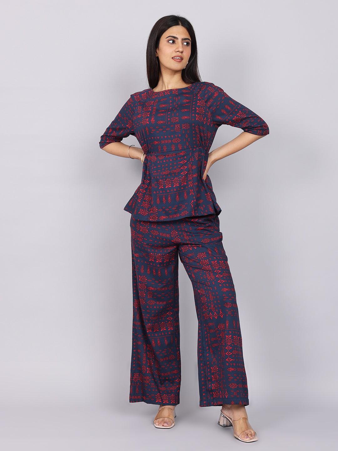 Women’s Navy Red Printed Relaxed Fit Boat Neck Co-ord Set