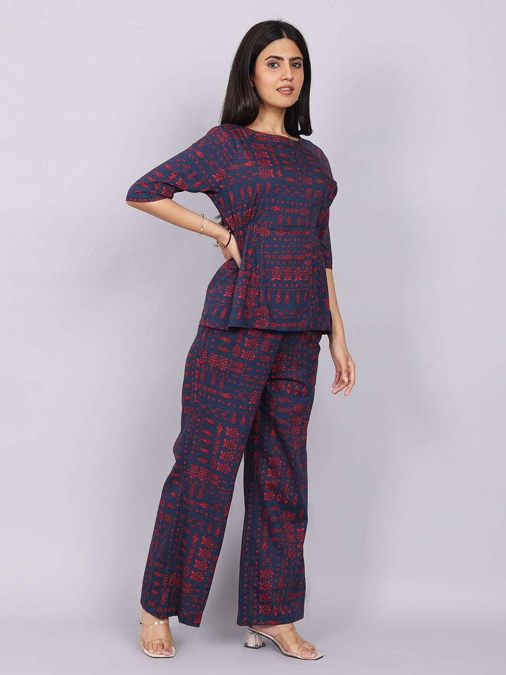 Women’s Navy Red Printed Relaxed Fit Boat Neck Co-ord Set