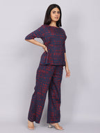 Women’s Navy Red Printed Relaxed Fit Boat Neck Co-ord Set