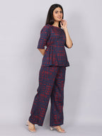 Women’s Navy Red Printed Relaxed Fit Boat Neck Co-ord Set