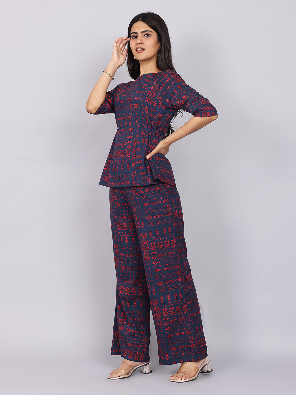 Women’s Navy Red Printed Relaxed Fit Boat Neck Co-ord Set