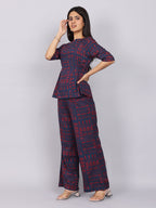 Women’s Navy Red Printed Relaxed Fit Boat Neck Co-ord Set