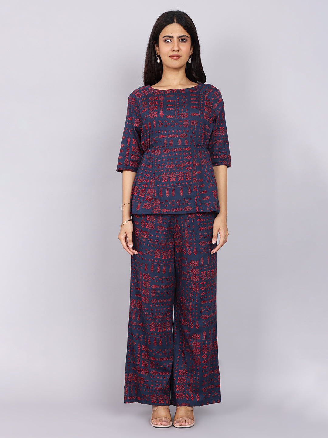 Women’s Navy Red Printed Relaxed Fit Boat Neck Co-ord Set