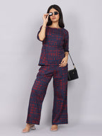 Women’s Navy Red Printed Relaxed Fit Boat Neck Co-ord Set