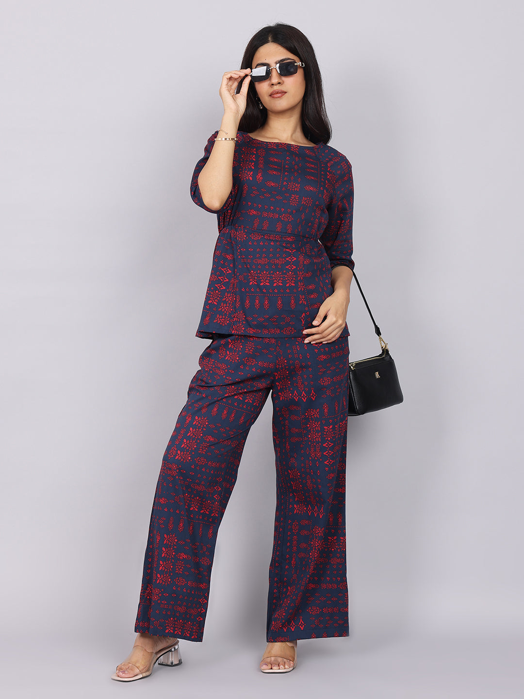 Women’s Navy Red Printed Relaxed Fit Boat Neck Co-ord Set