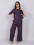Women’s Navy Red Printed Relaxed Fit Boat Neck Co-ord Set